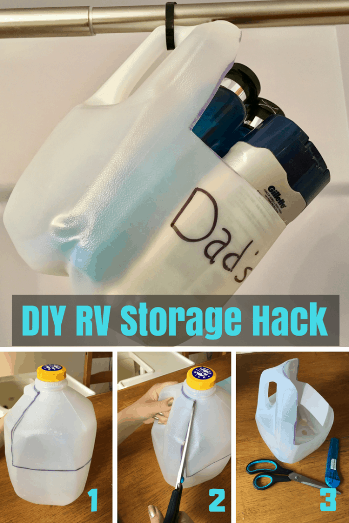 DIY Rv Bathroom storage hack shower rod toiletry holder. A clever RV organization hack and rv storage idea for your toiletries