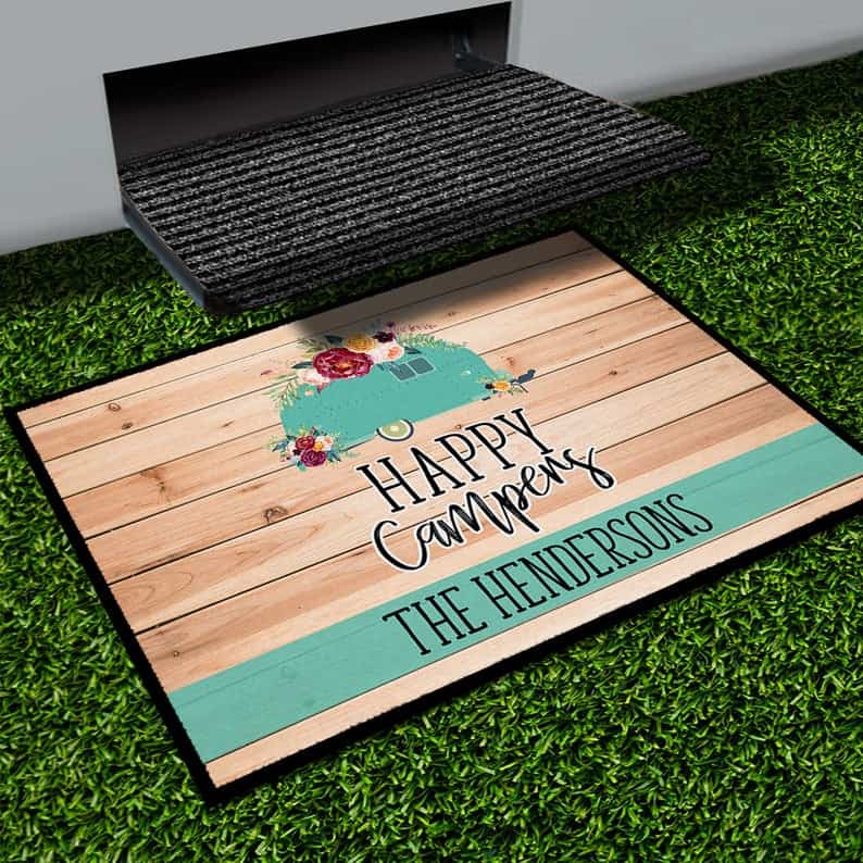 Attractive RV decor idea - a nice outdoor RV doormat like this one from Etsy