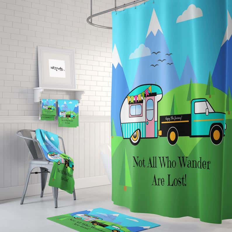 "Not all who wander are lost" rv and camper themed shower curtain. it could work well on your outdoor camping shower, or in your Rv bathroom, or in your home.