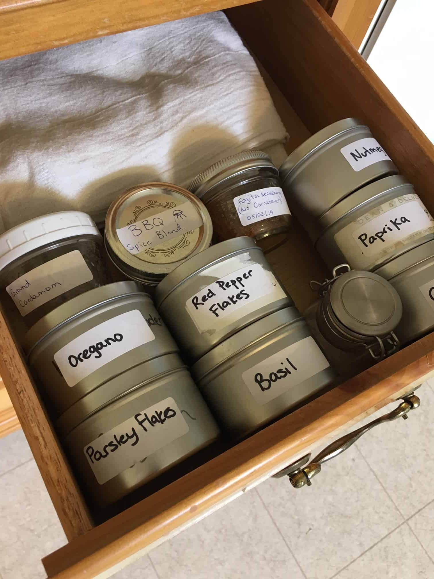 Spice storage ideas - put your spices into a drawer. This helps to keep them off your countertop.