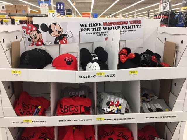 Cheap Disney shirts at Walmart. They had womens disney shirts, disney shirts for boy, disney shirts for girls, and even some disney shirts for guys too.
