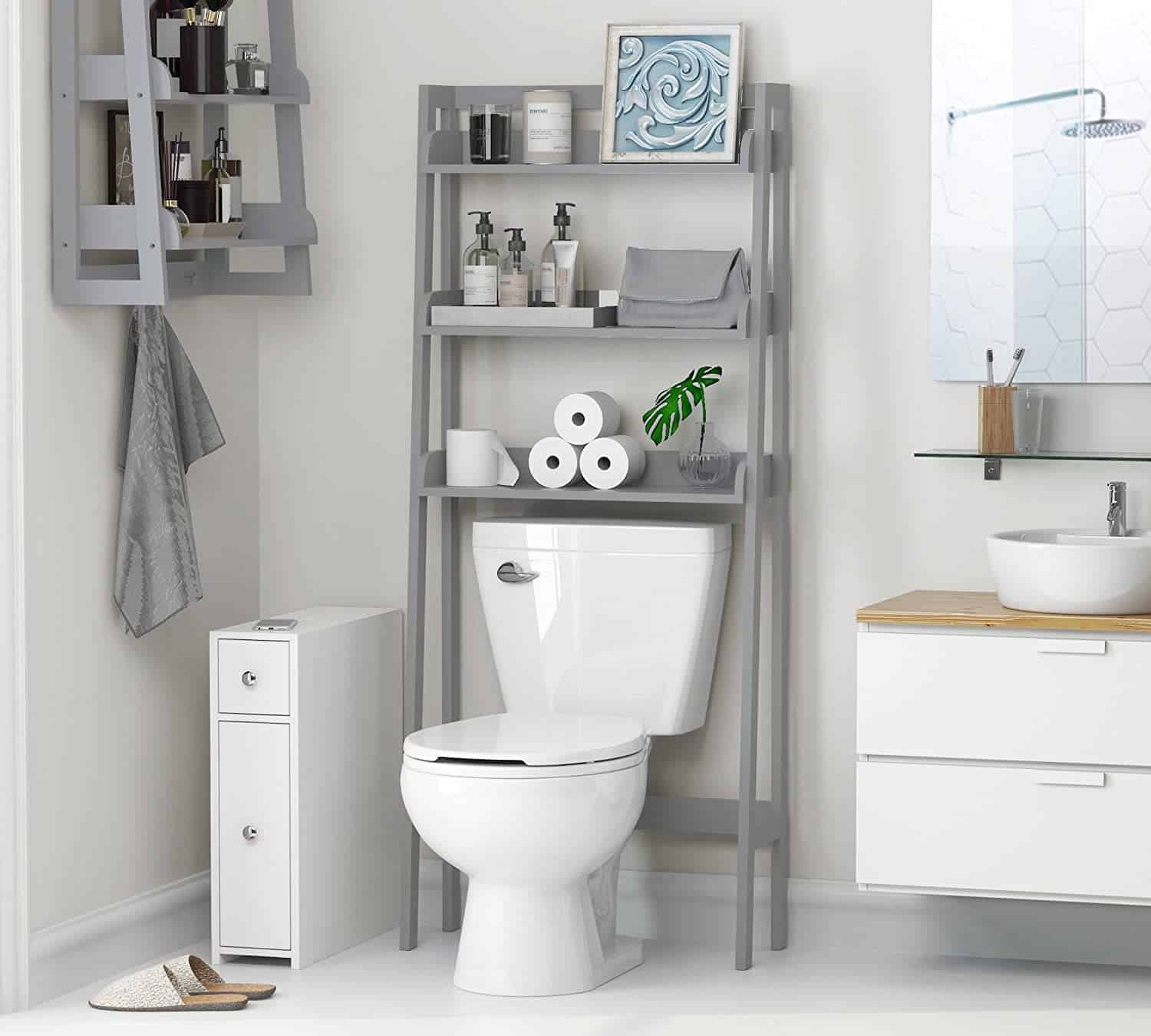 bathroom-shelves-over-toilet-grey-ladder-styel - Learn Along with Me