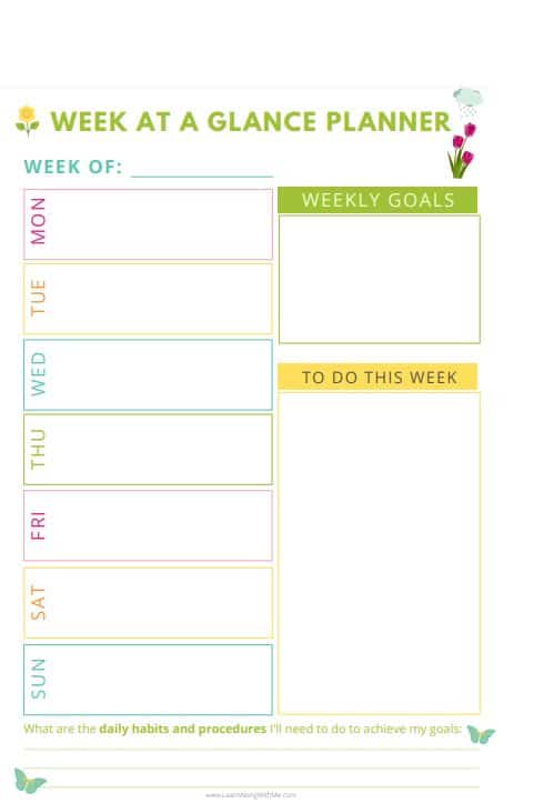 Week at a Glance Template Printable with Spring themed colors and graphics
