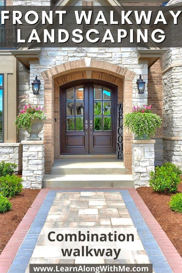 Front Walkway Ideas - a combination walkway featuring brick edging and pavers in the center.