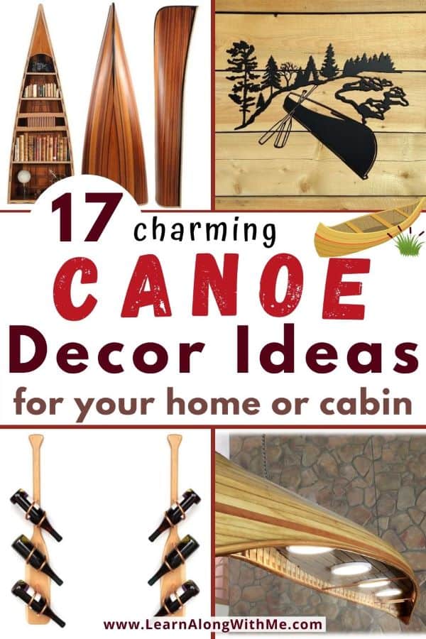 Canoe Decor ideas featuring canoe wall decor, canoe bookshelf, canoe wine rack and an amazing canoe light fixture.
