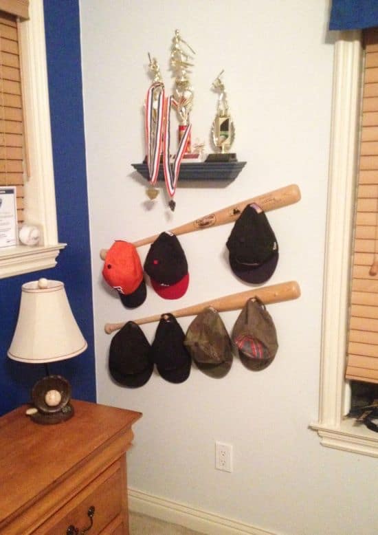 Baseball Bat Hat rack on Etsy is a great hat storage idea for a baseball fan