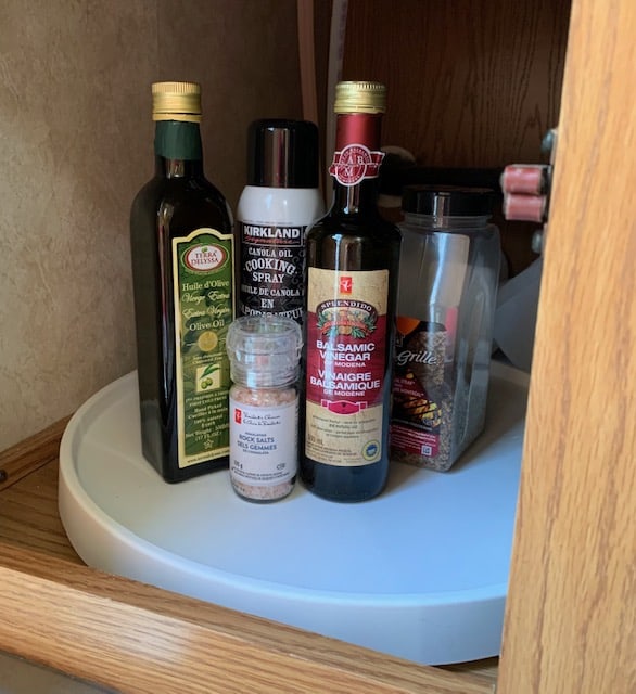 A lazy susan inside an RV cabinet is good way to make your stuff more accessible and easy to get at.