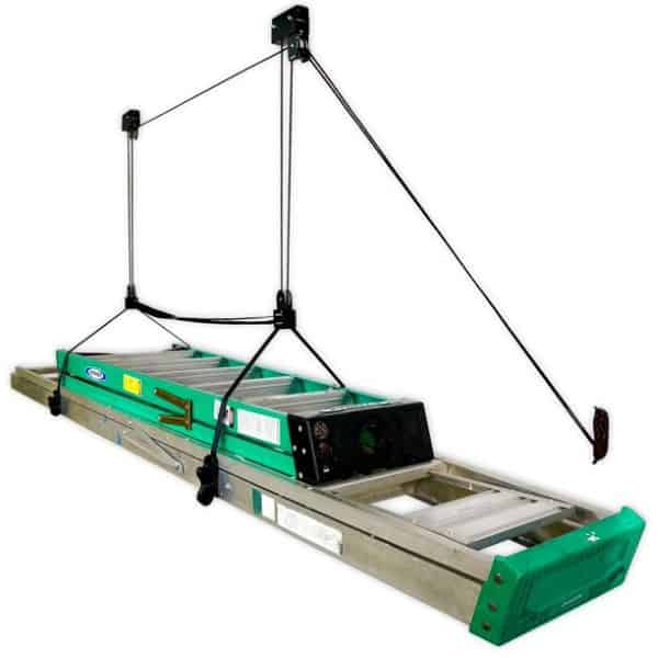 Extension ladder storage ideas - a ladder pulley system to hold your ladders near your ceiling