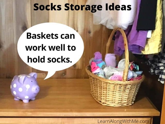 Baskets placed on a dresser top can work well as a functional socks storage idea.