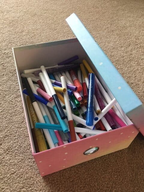 Marker Storage ideas - using a colorful cardboard box to store markers