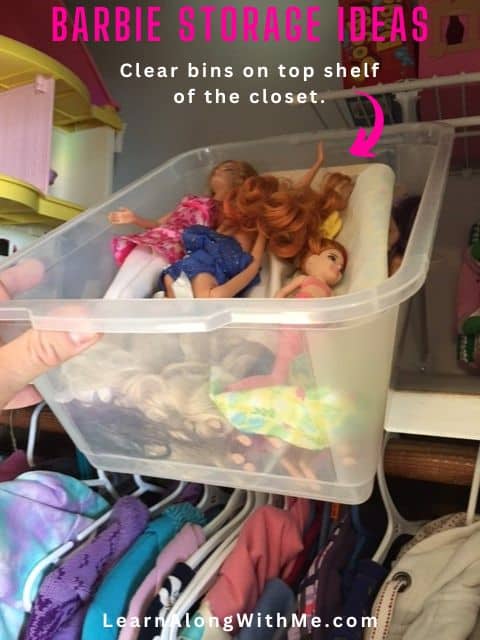Storing barbies in a clear plastic bin.