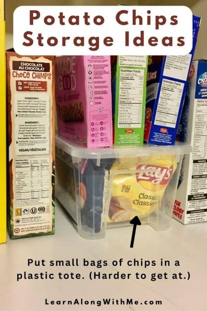 storing small bags of chips in a plastic tote with a lid inside your pantry or cabinet can help you organize your pantry because the tote is stackable