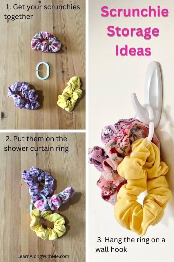 you can use shower curtain rings to hold your scrunchies then hang the ring from a Command Hook or other wall hook