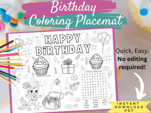 Birthday party coloring placemat and activity placemat available on Etsy