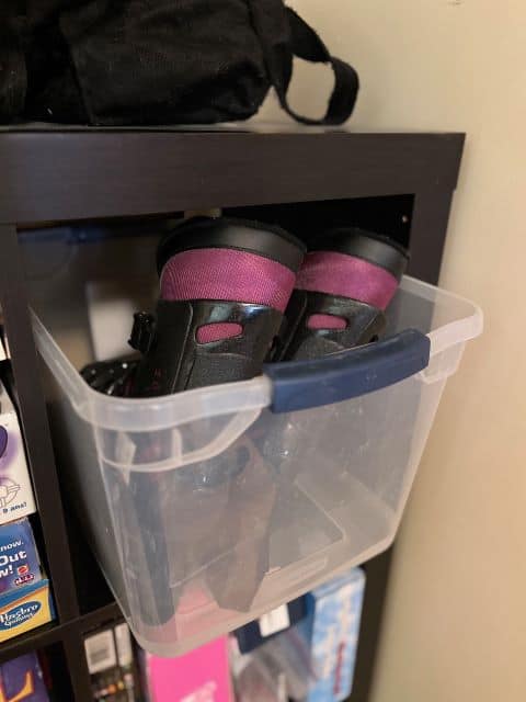 Storing your rollerblades inside a plastic tote is a simple and effective way to store your inline skates