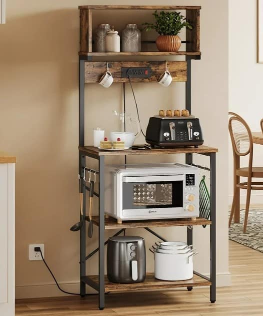 A kitchen cart like this bakers rack is a handy way for a renter to organize and store stuff in their kitchen